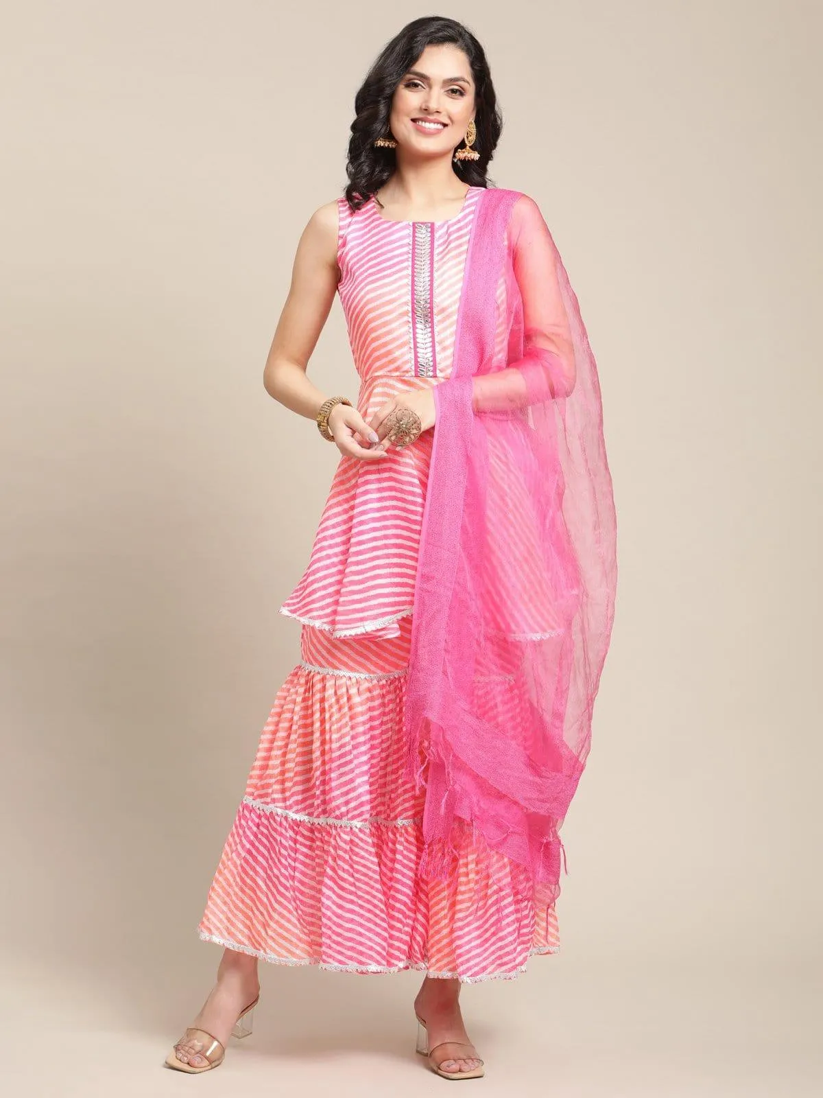 Pink And Orange Gota Patti Embroidery Flared Kurta With Gota Embellished Sharara And Silk Dupatta