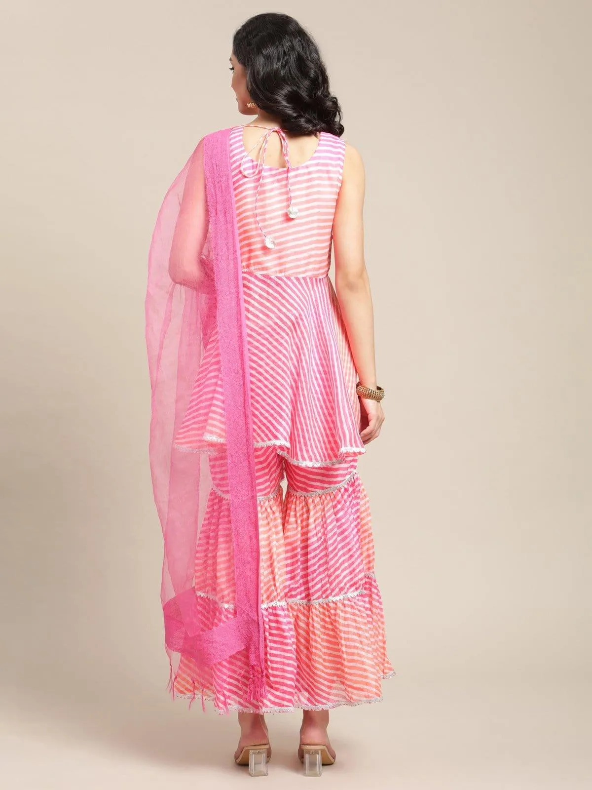 Pink And Orange Gota Patti Embroidery Flared Kurta With Gota Embellished Sharara And Silk Dupatta