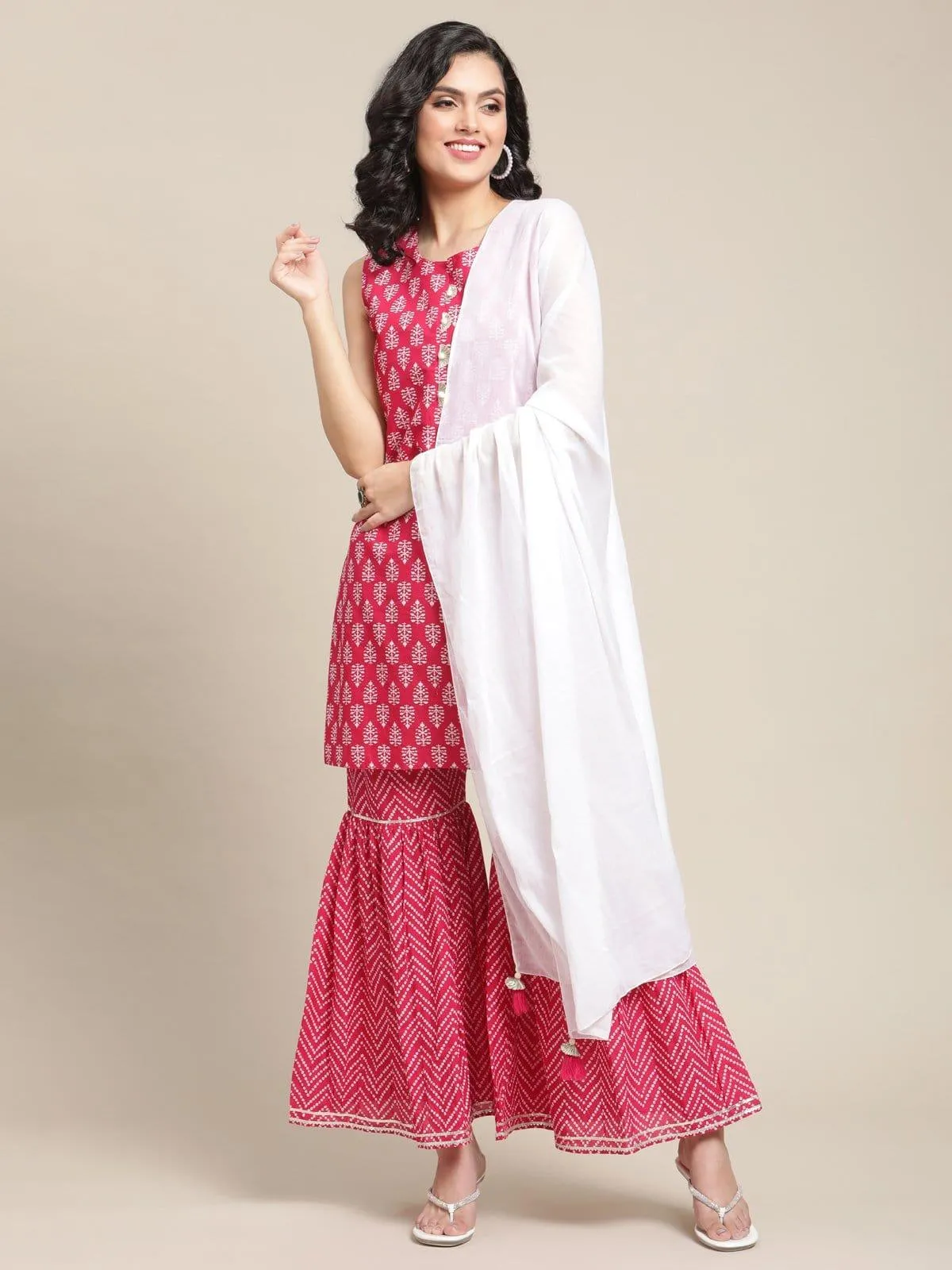 Pink Floral Printed And Gota Work Kurta Sharara Set With Off White Tassels Embellished Dupatta