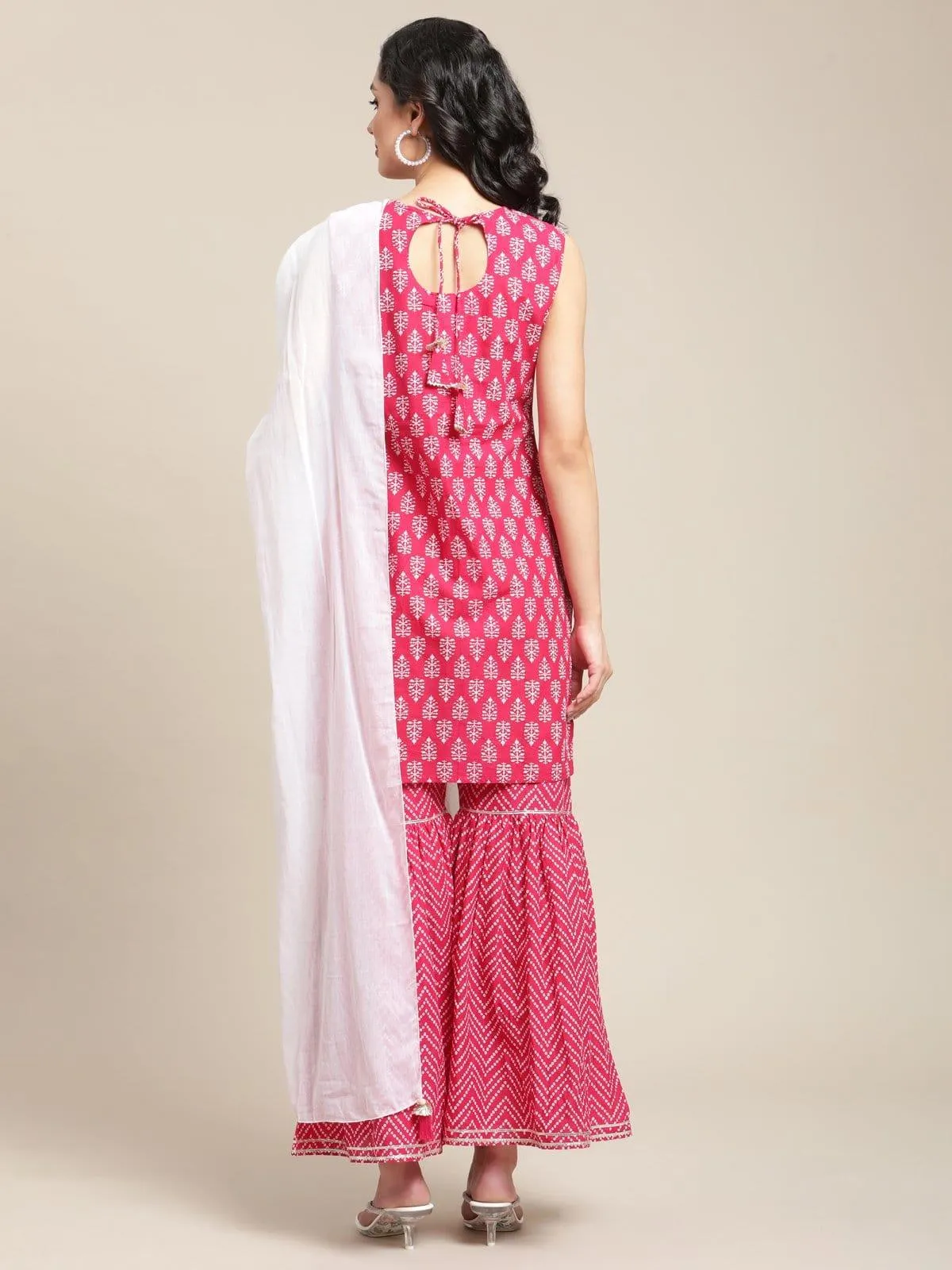 Pink Floral Printed And Gota Work Kurta Sharara Set With Off White Tassels Embellished Dupatta