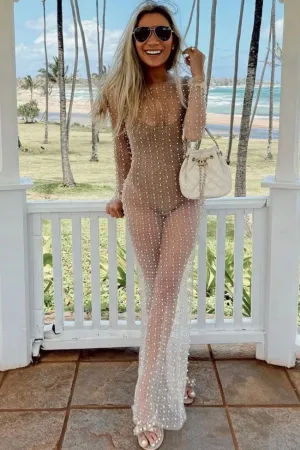 Sexy Round Neck Long Sleeve Faux Pearl Split Sheer Mesh Maxi Dress - Nude