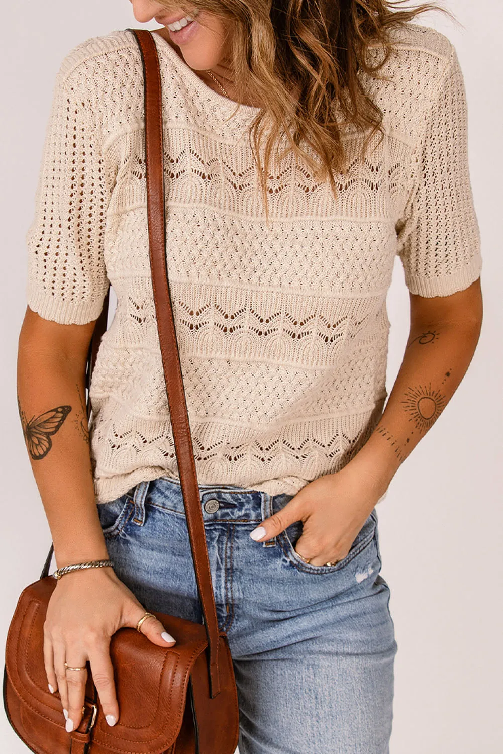 Short Sleeve Openwork Knit Sweater