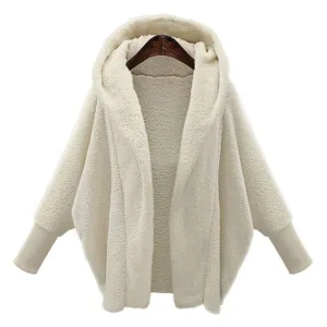 Soft Faux Fur Lantern Sleeve Hooded Plus Size Coats