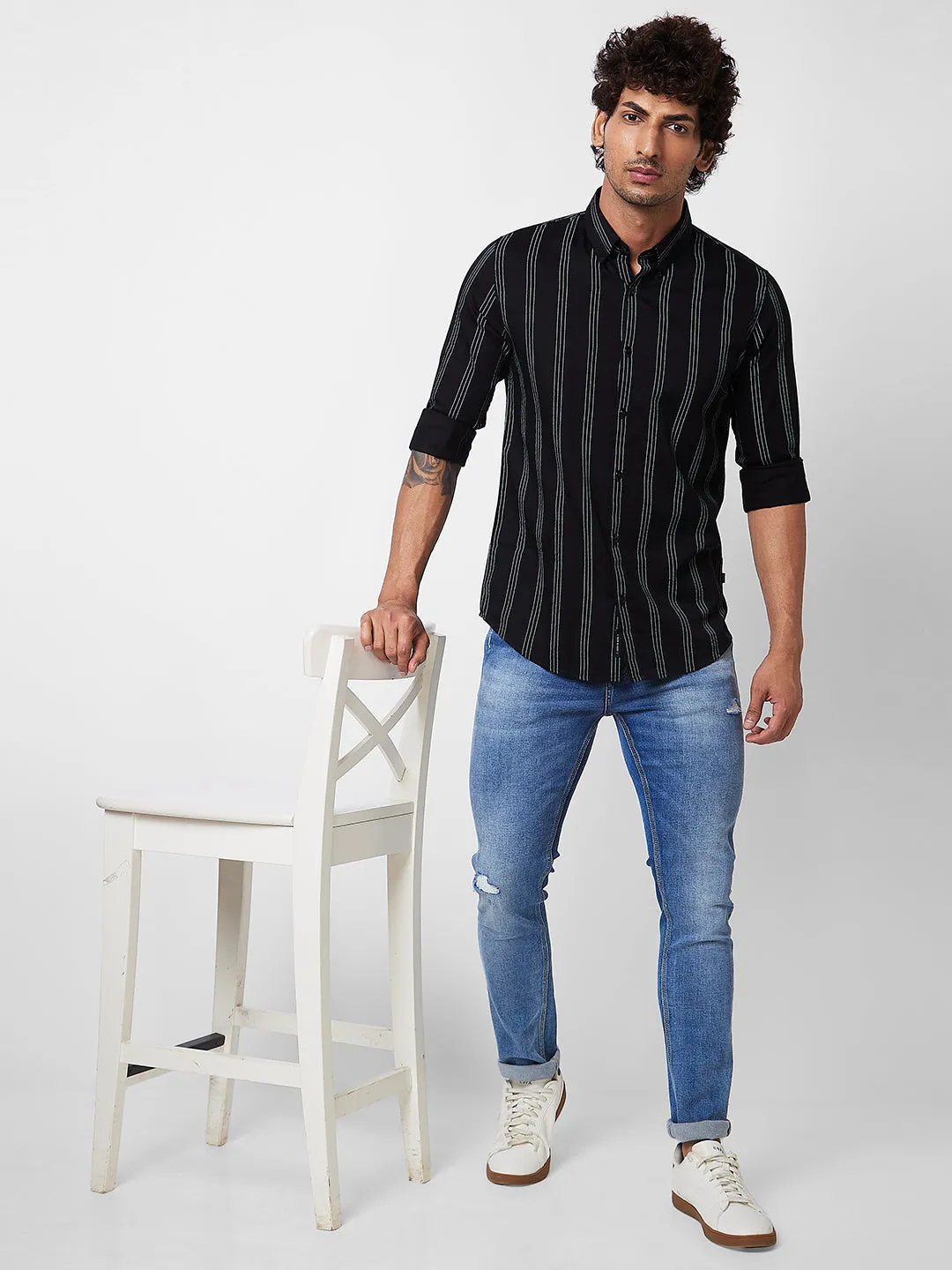 Spykar Black STRIPED FULL SLEEVE Shirt For Men