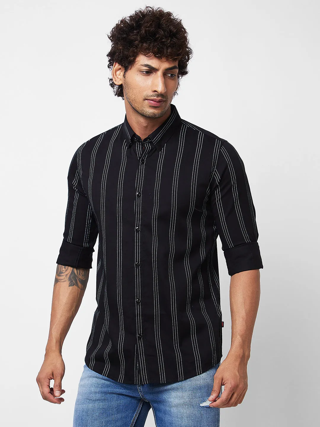 Spykar Black STRIPED FULL SLEEVE Shirt For Men