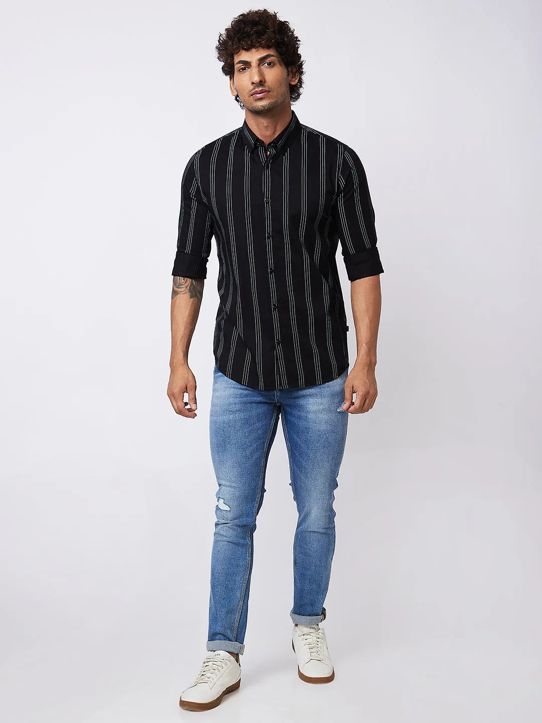 Spykar Black STRIPED FULL SLEEVE Shirt For Men