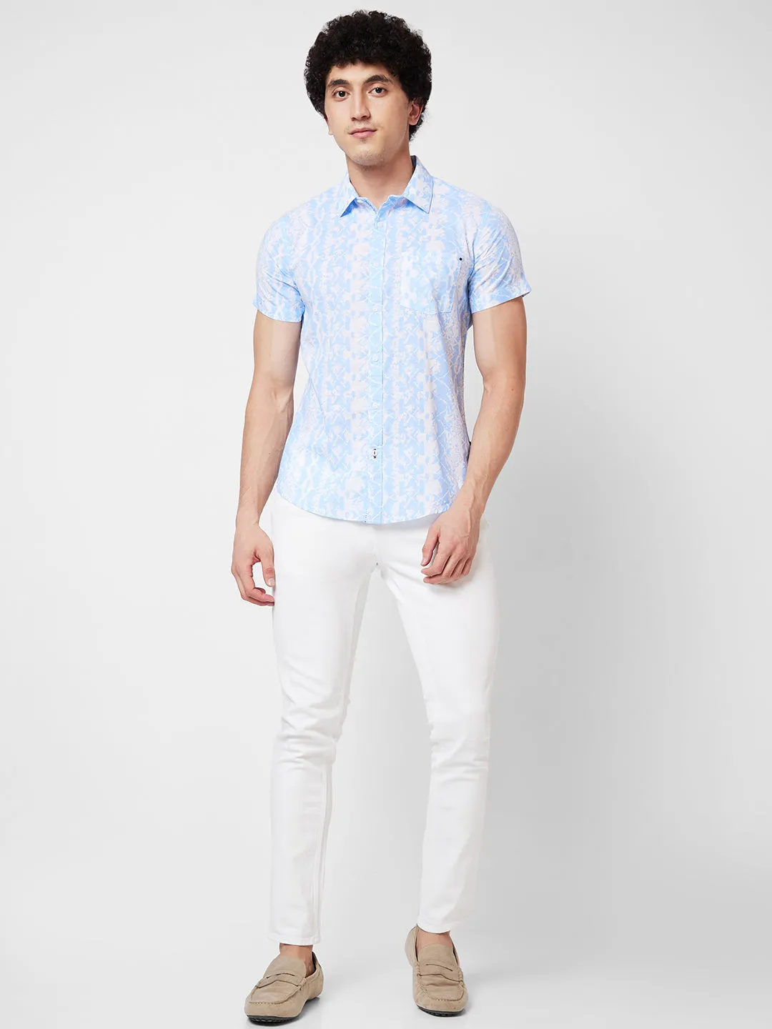 Spykar Blue PRINTED HALF SLEEVE Shirt For Men