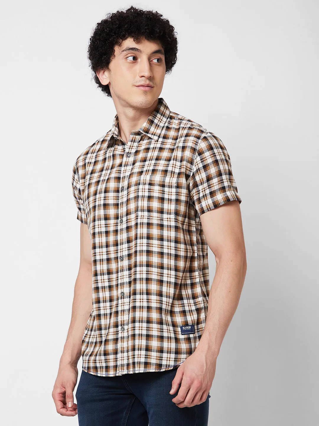 Spykar Khaki CHECKED HALF SLEEVE Shirt For Men