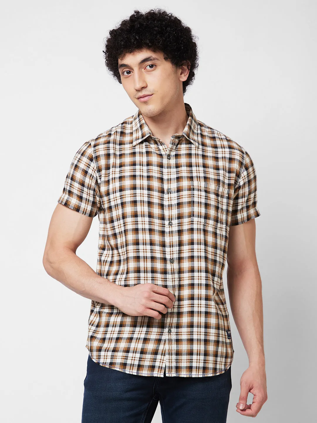 Spykar Khaki CHECKED HALF SLEEVE Shirt For Men