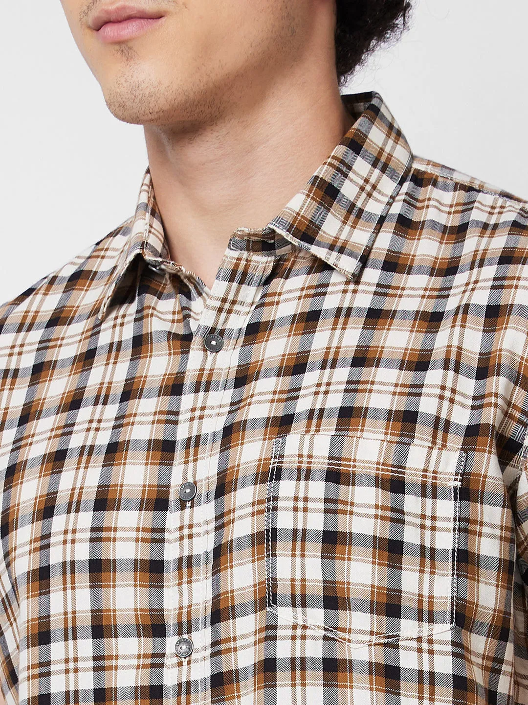 Spykar Khaki CHECKED HALF SLEEVE Shirt For Men