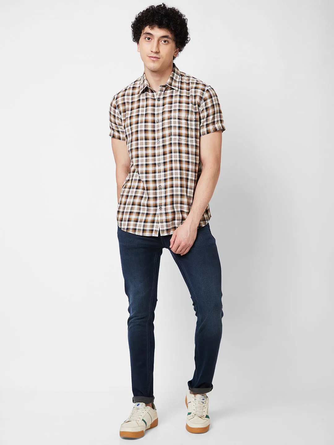 Spykar Khaki CHECKED HALF SLEEVE Shirt For Men