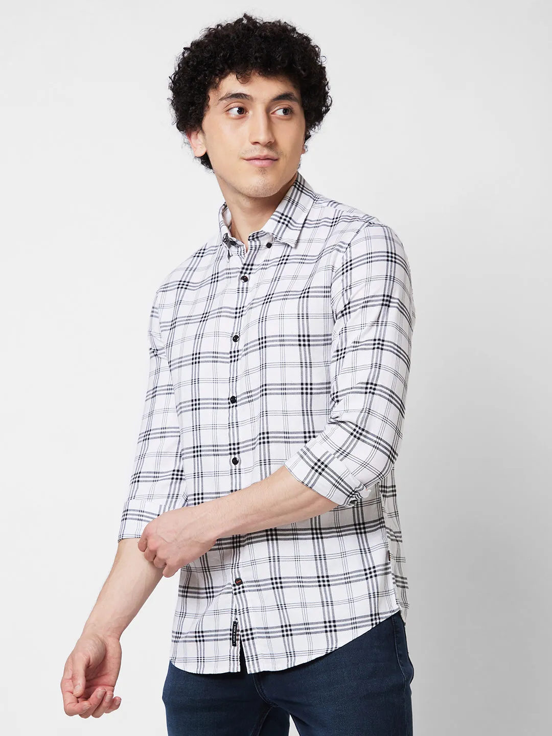 Spykar White CHECKED FULL SLEEVE Shirt For Men