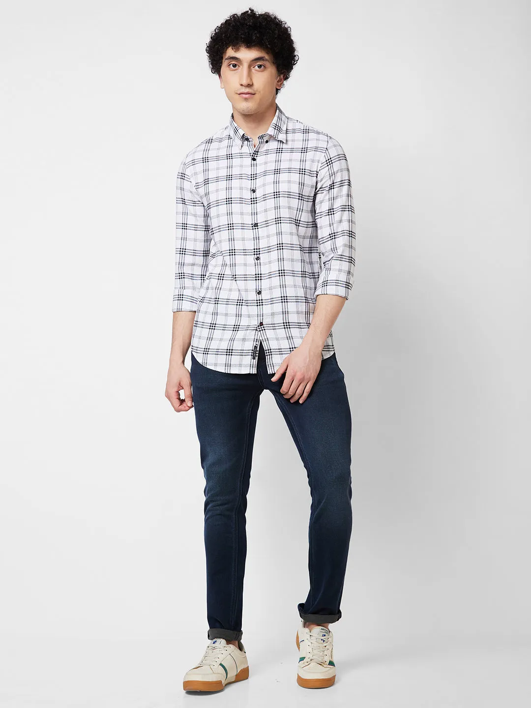 Spykar White CHECKED FULL SLEEVE Shirt For Men