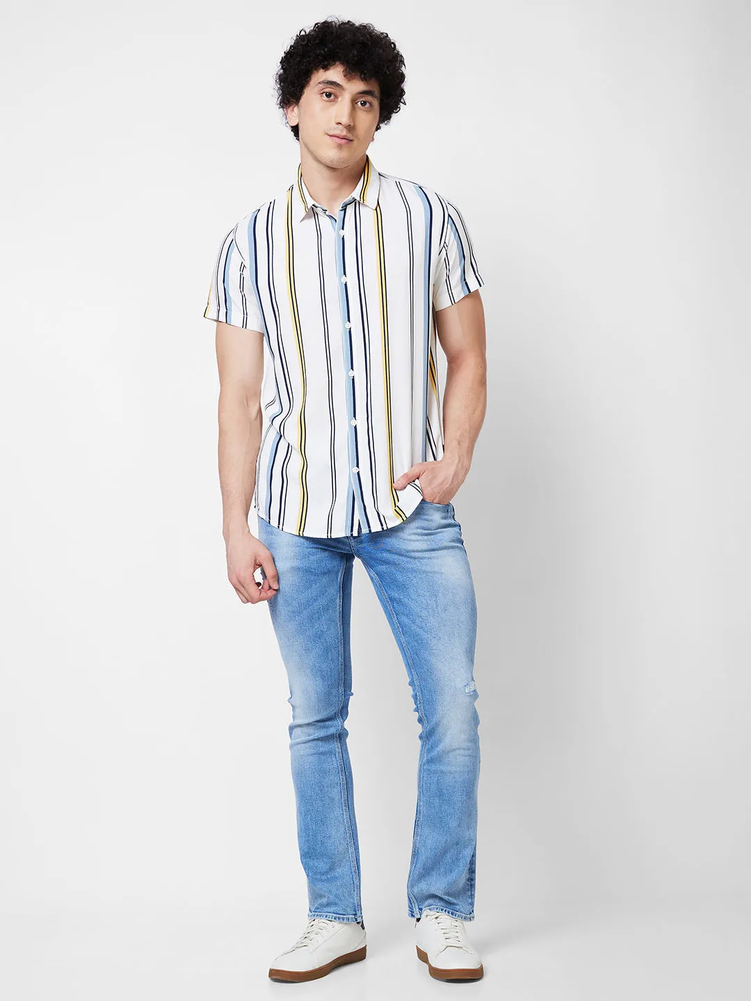 Spykar White STRIPED HALF SLEEVE Shirt For Men