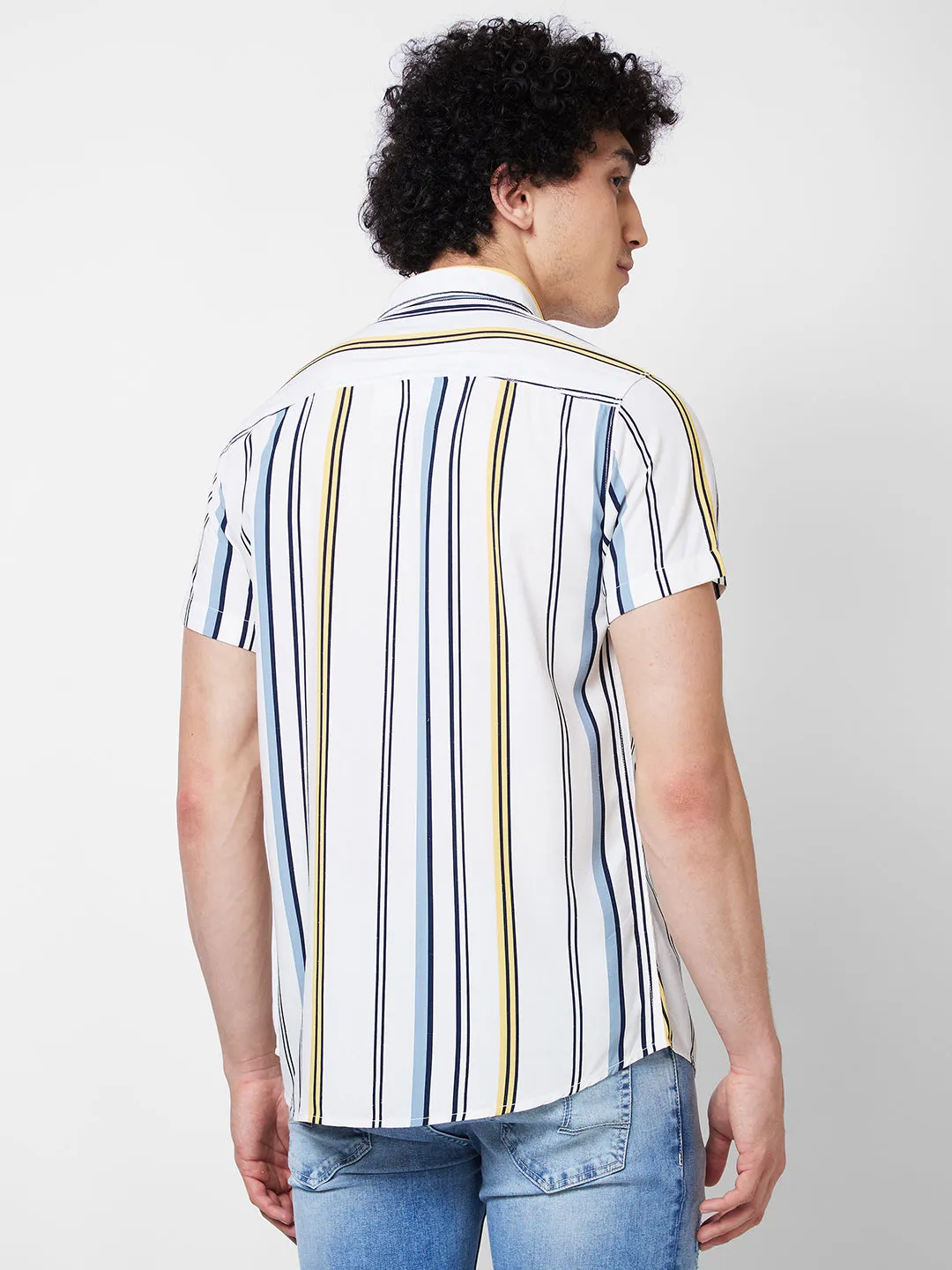 Spykar White STRIPED HALF SLEEVE Shirt For Men