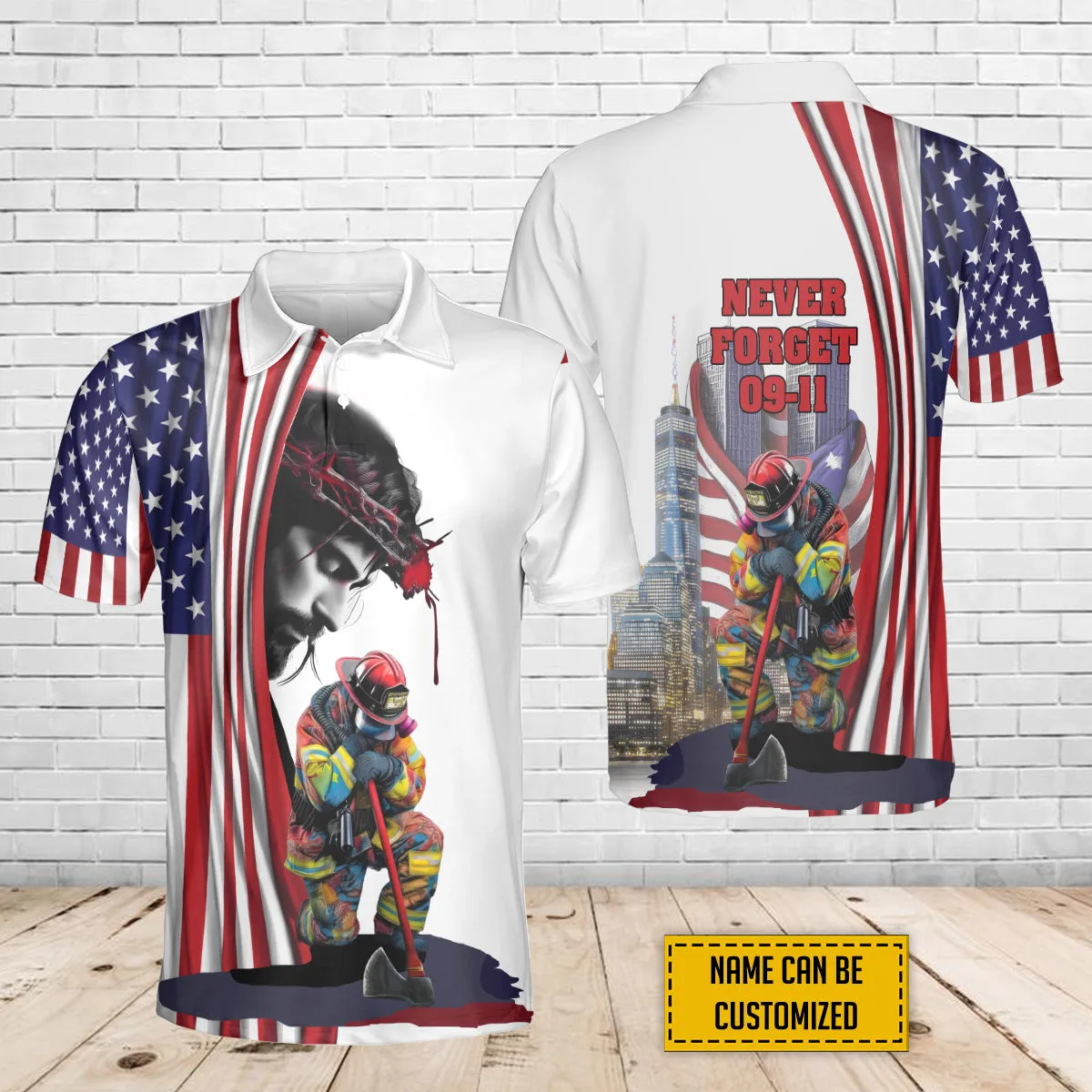 Teesdily | Firefighter 911 Day 3d Custom Tshirt Polo, Jesus American Flag All Over Print Shirt, Never Forget September 11th Remembrance Day Patriot