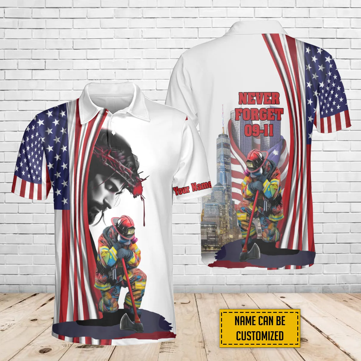 Teesdily | Firefighter 911 Day 3d Custom Tshirt Polo, Jesus American Flag All Over Print Shirt, Never Forget September 11th Remembrance Day Patriot