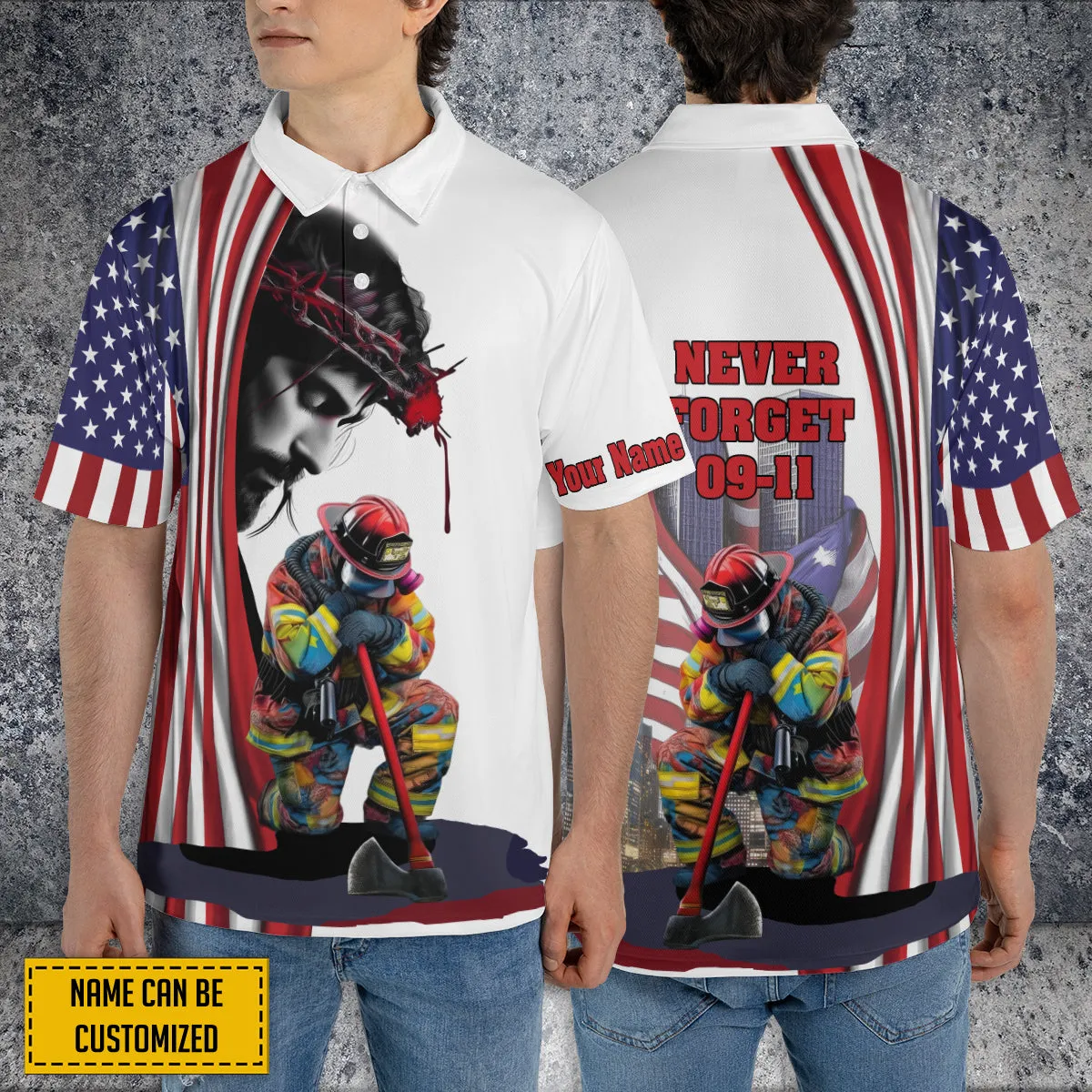 Teesdily | Firefighter 911 Day 3d Custom Tshirt Polo, Jesus American Flag All Over Print Shirt, Never Forget September 11th Remembrance Day Patriot