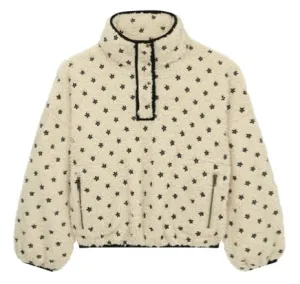 The Great - The Countryside Sherpa Pullover in Cream w/ Black Embroidered Floral