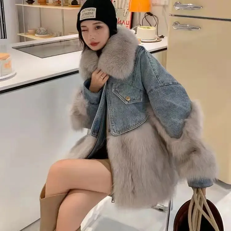 Thick Warm Faux Fox Fur Trim Denim Coats