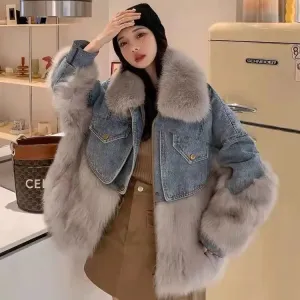 Thick Warm Faux Fox Fur Trim Denim Coats