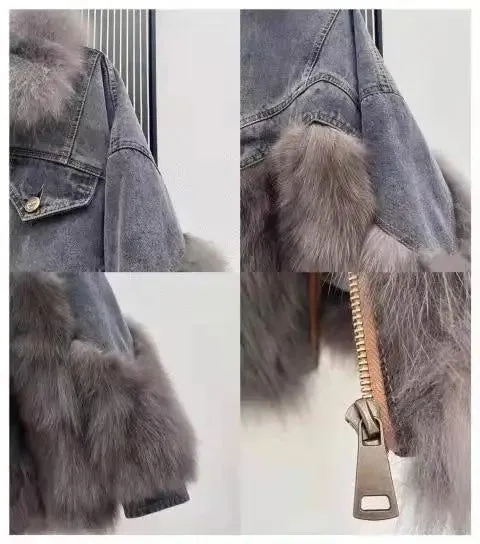 Thick Warm Faux Fox Fur Trim Denim Coats