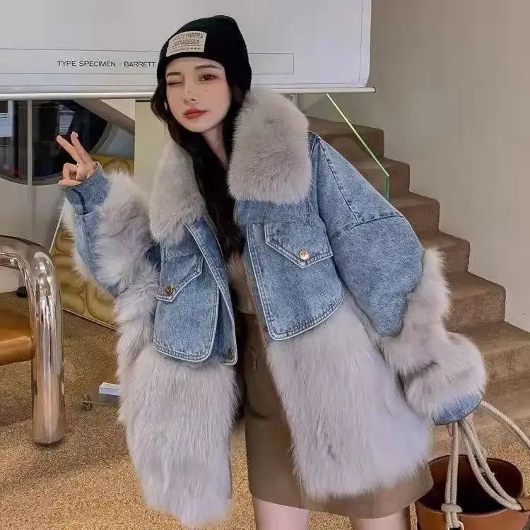 Thick Warm Faux Fox Fur Trim Denim Coats