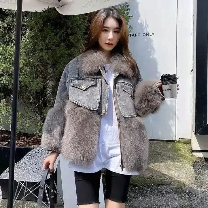 Thick Warm Faux Fox Fur Trim Denim Coats