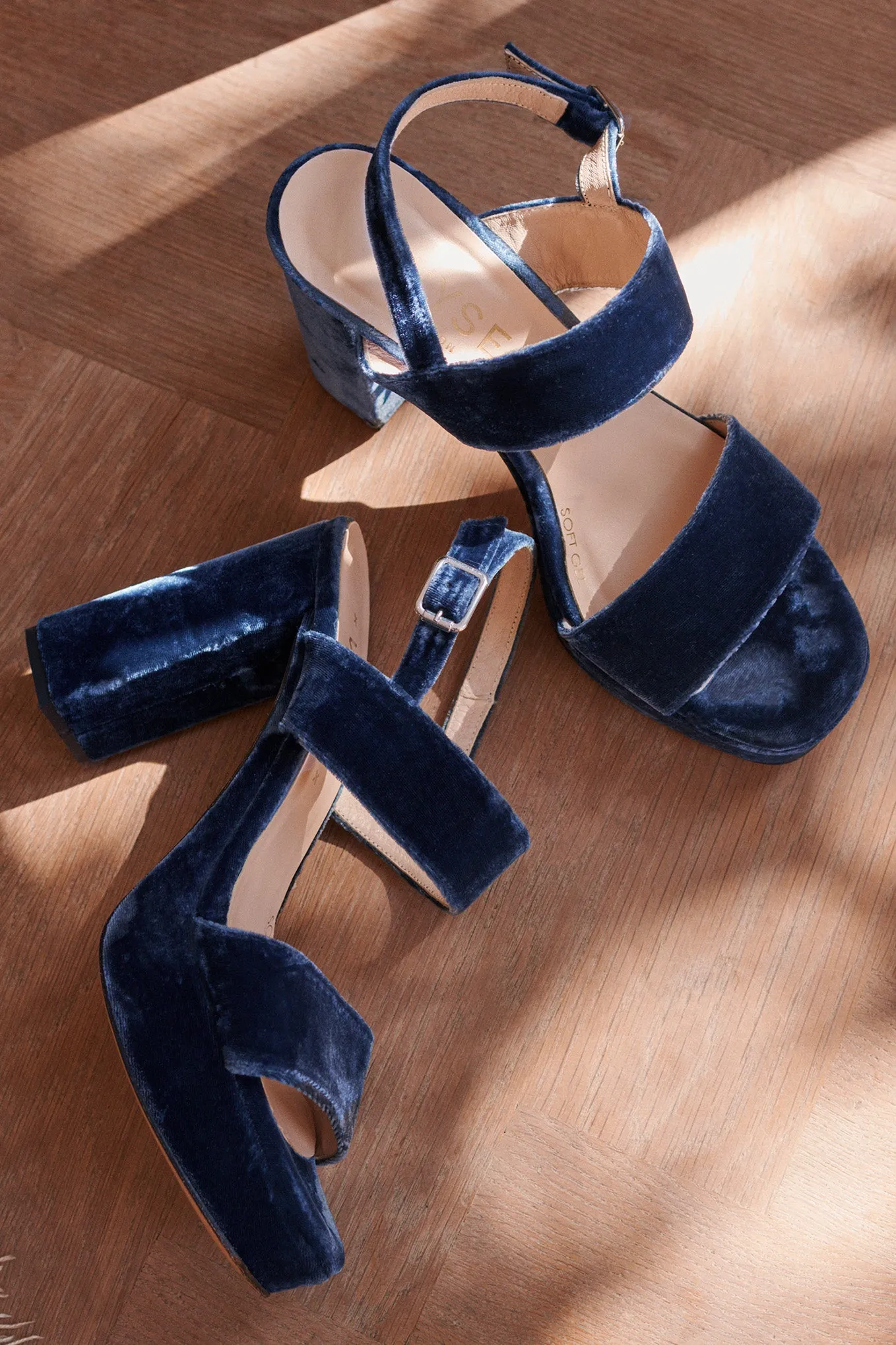 Violet Velvet Block High Heel Sandal - Blue