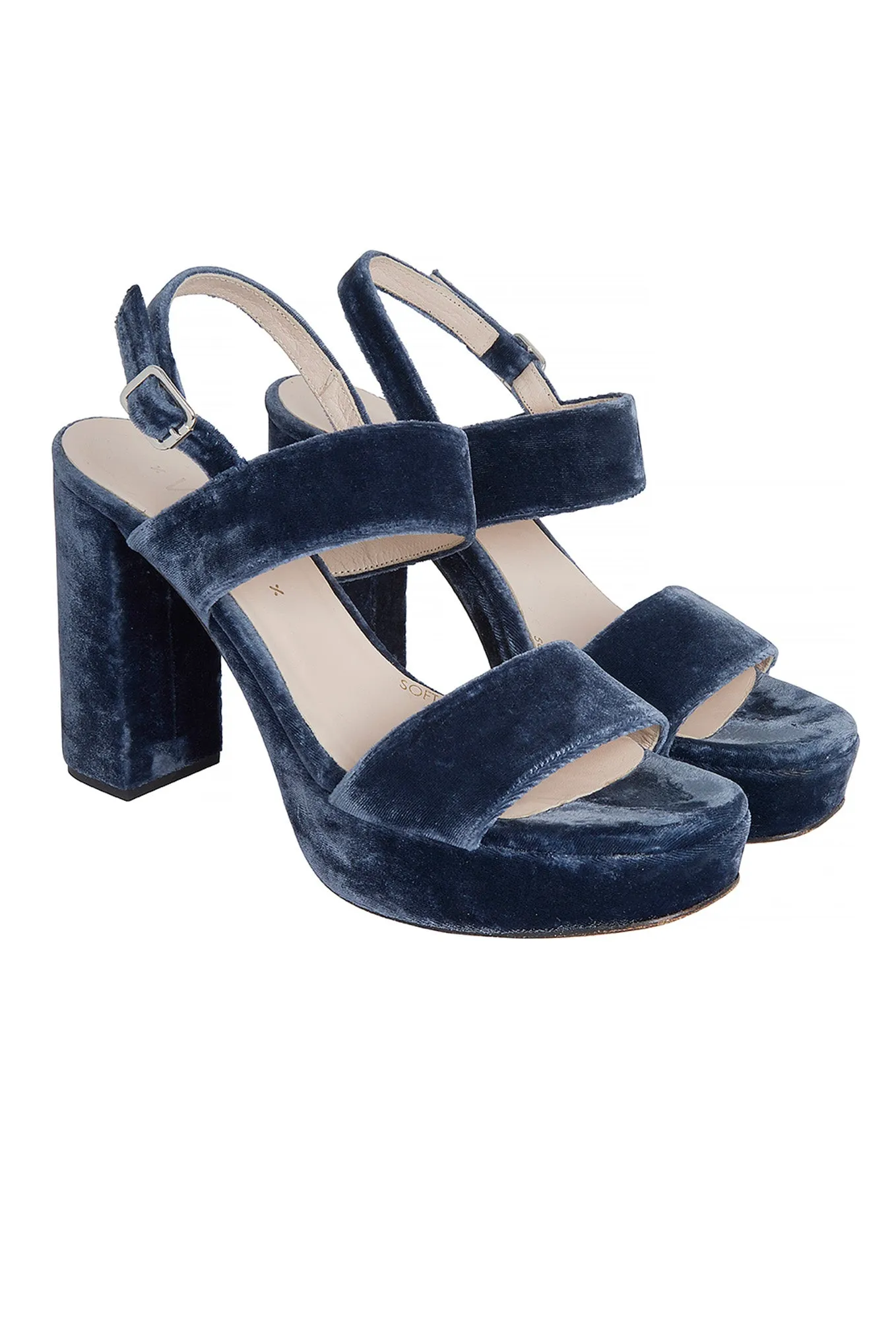 Violet Velvet Block High Heel Sandal - Blue