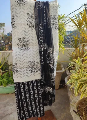 WHITE  AND BLACK BLOCK PRINT COTTON SUIT SET