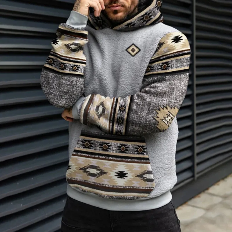 Wiaofellas Vintage Hoodie For Men's Casual Ethnic Geometric Print Sherpa Sweatshirt Autumn Winter Long Sleeve Patchwork Men Pullovers Tops