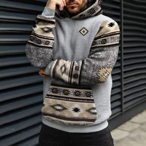 Wiaofellas Vintage Hoodie For Men's Casual Ethnic Geometric Print Sherpa Sweatshirt Autumn Winter Long Sleeve Patchwork Men Pullovers Tops