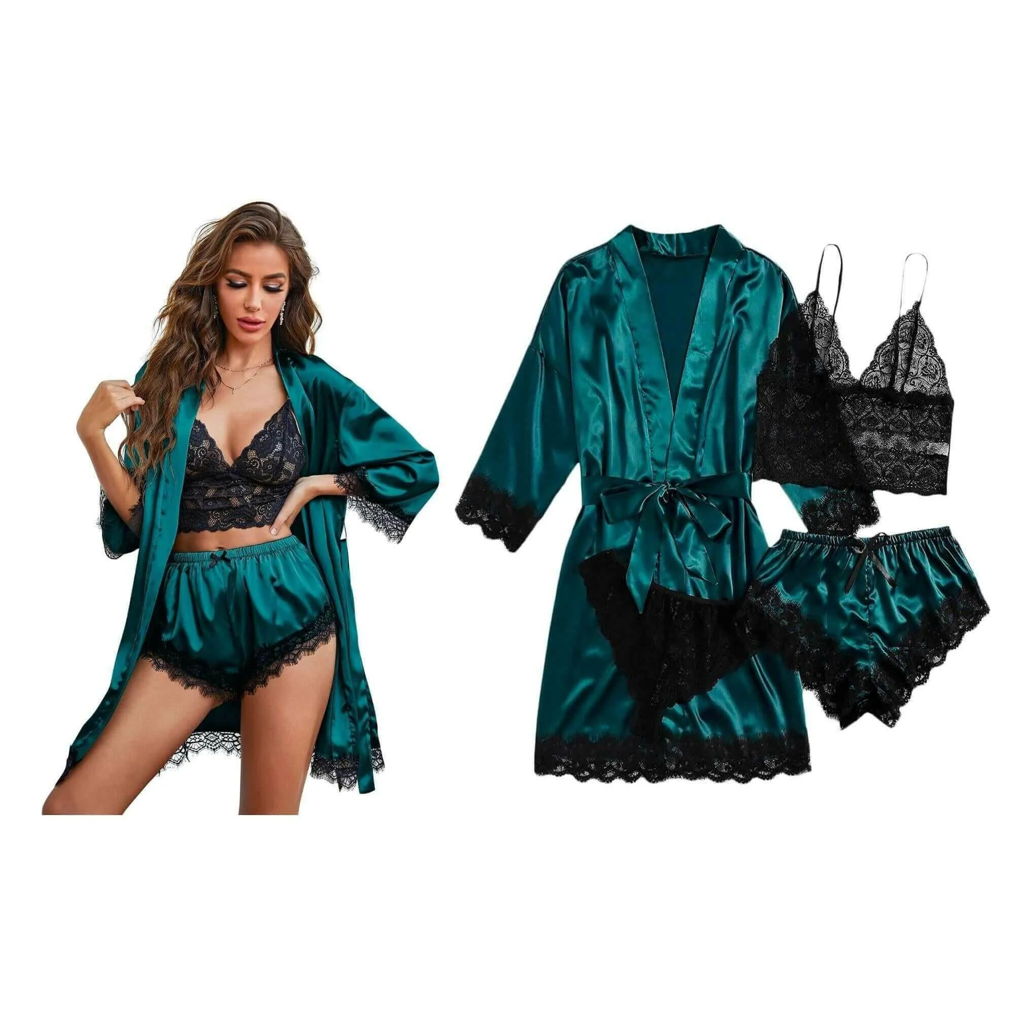 Women's Four-Piece Lace-Trimmed Satin Pajama Set