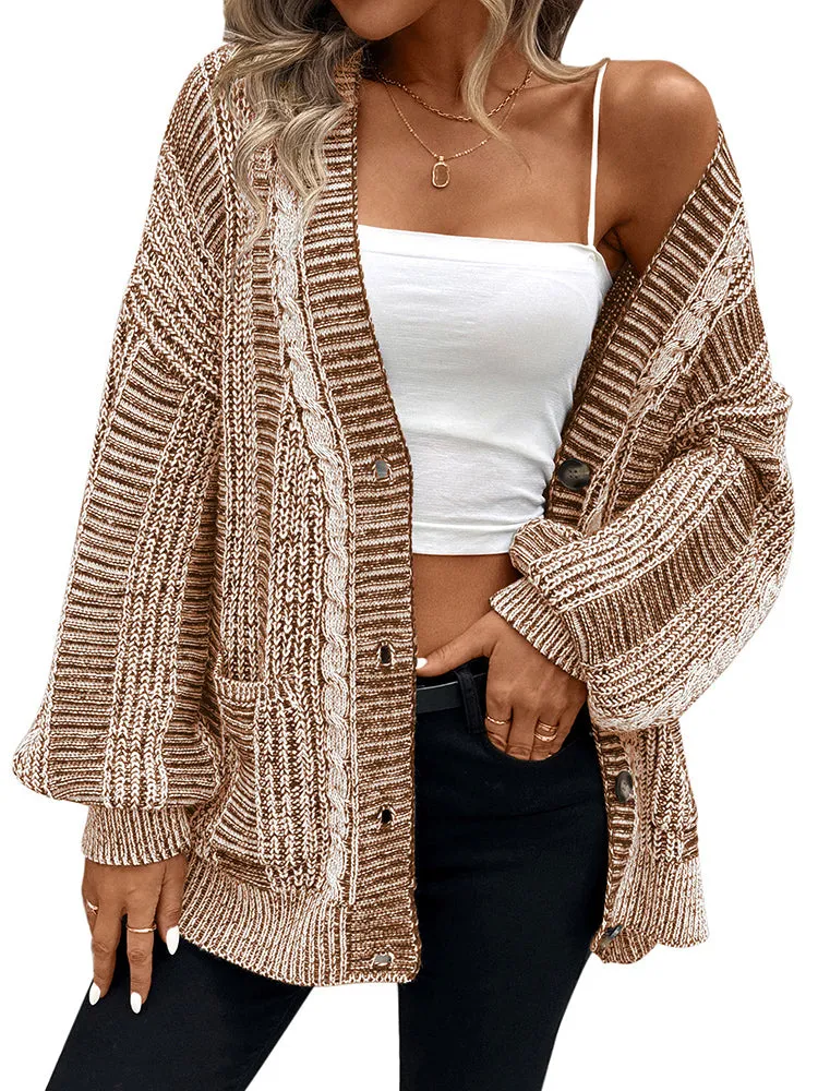 Women's Long Sleeve Cable Knit Sweater Open Front Cardigans Button Loose Outerwear