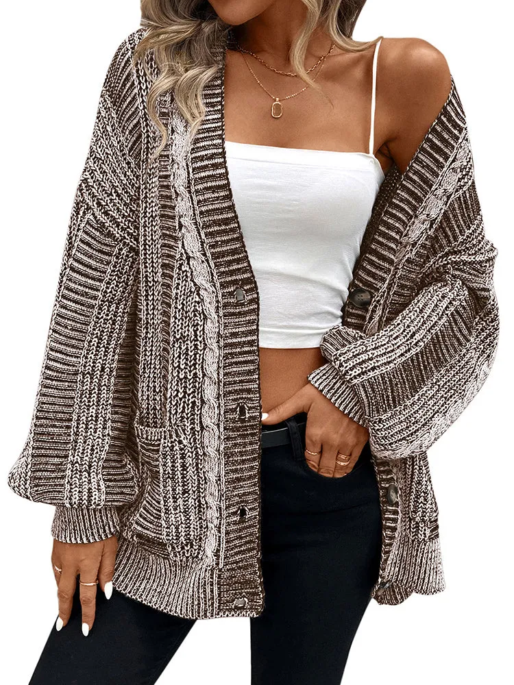 Women's Long Sleeve Cable Knit Sweater Open Front Cardigans Button Loose Outerwear