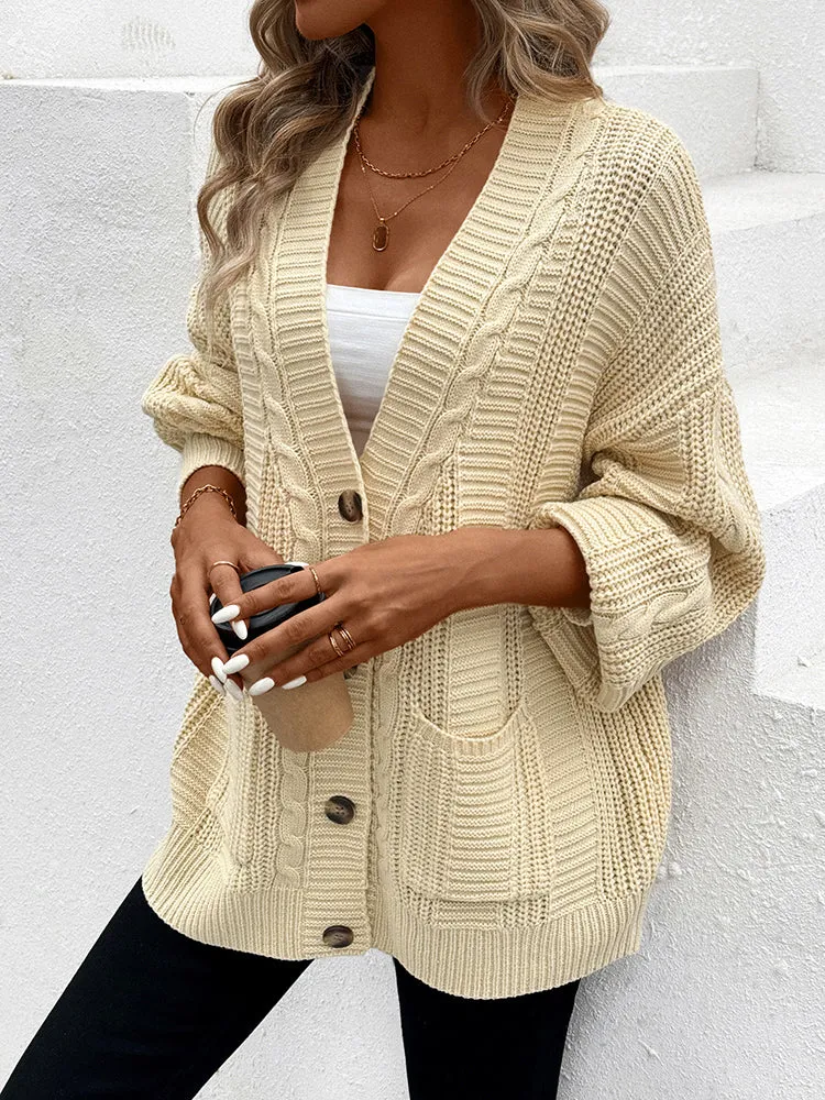 Women's Long Sleeve Cable Knit Sweater Open Front Cardigans Button Loose Outerwear