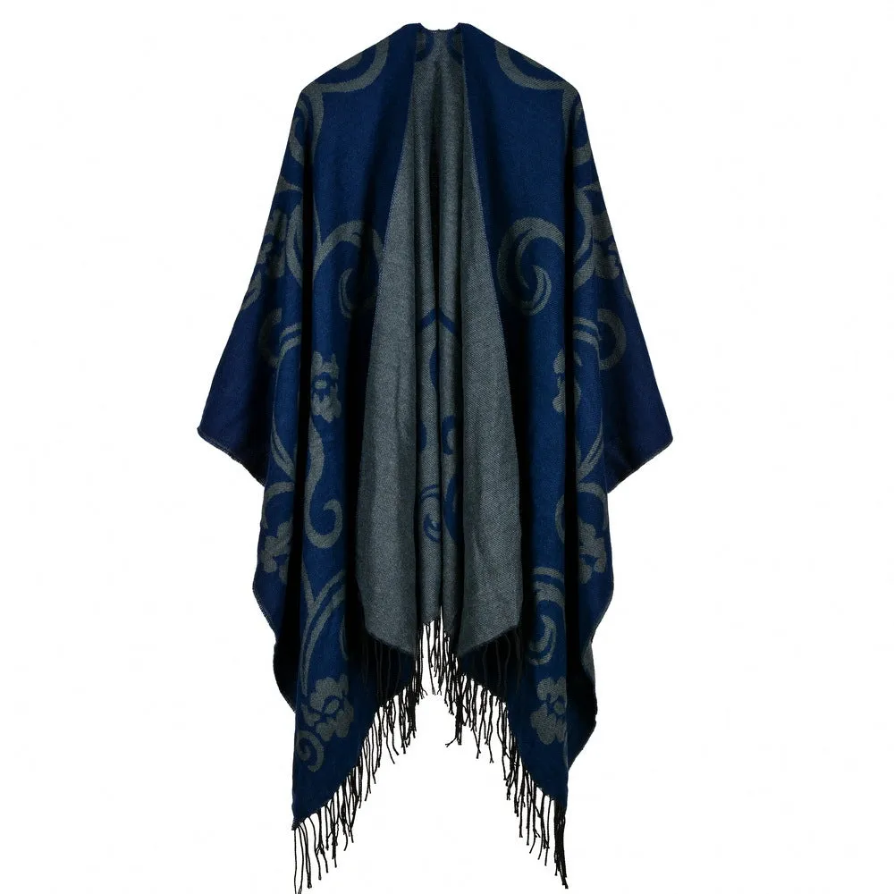 Women's rhombus tassel lengthened imitation cashmere shawl front and back can be thickened cloak