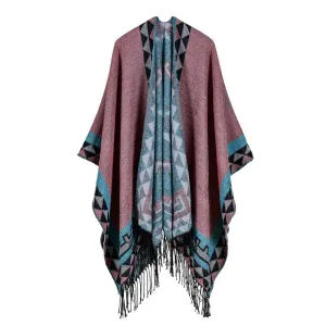 Women's rhombus tassel lengthened imitation cashmere shawl front and back can be thickened cloak