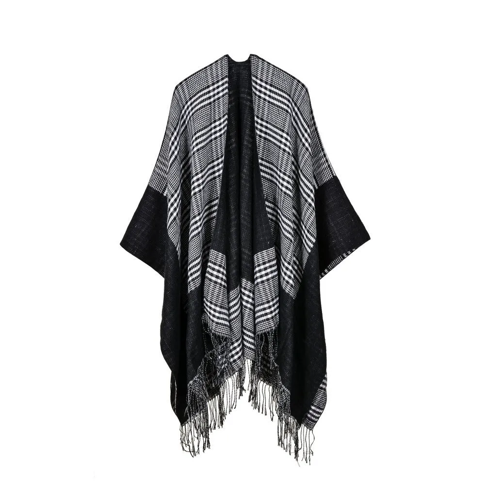 Women's rhombus tassel lengthened imitation cashmere shawl front and back can be thickened cloak