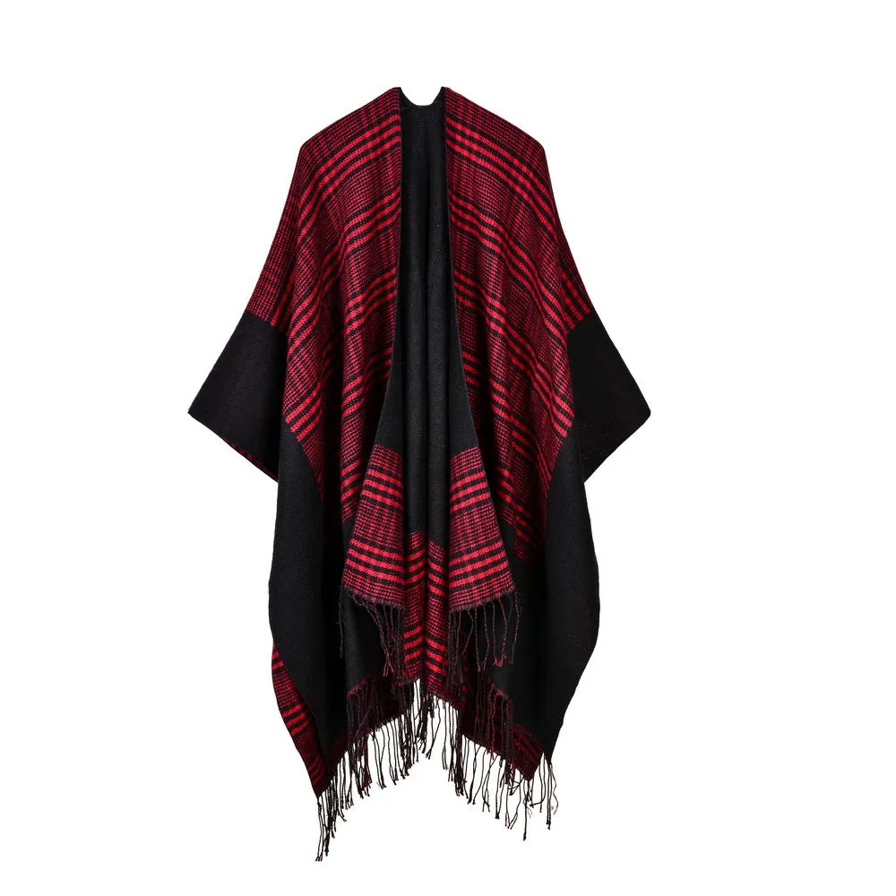 Women's rhombus tassel lengthened imitation cashmere shawl front and back can be thickened cloak