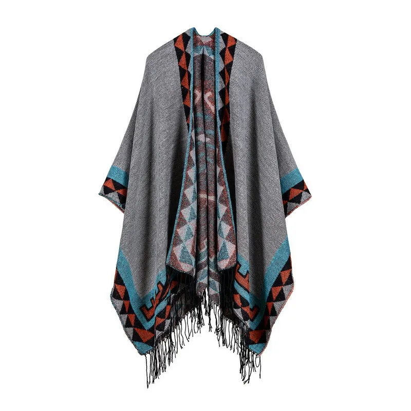 Women's rhombus tassel lengthened imitation cashmere shawl front and back can be thickened cloak