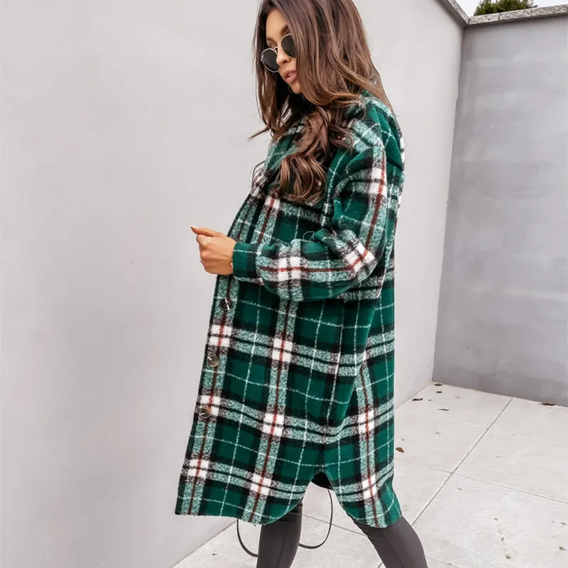 Women's Winter Mid Length Long Sleeved Plaid Printed Warm Coat