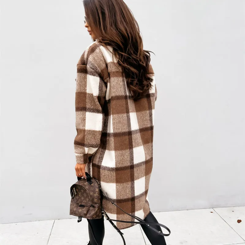 Women's Winter Mid Length Long Sleeved Plaid Printed Warm Coat