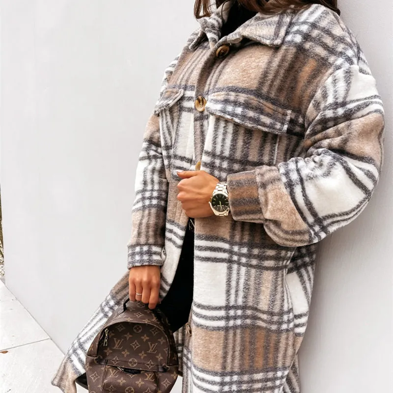 Women's Winter Mid Length Long Sleeved Plaid Printed Warm Coat