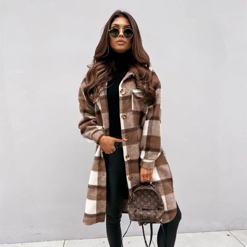 Women's Winter Mid Length Long Sleeved Plaid Printed Warm Coat