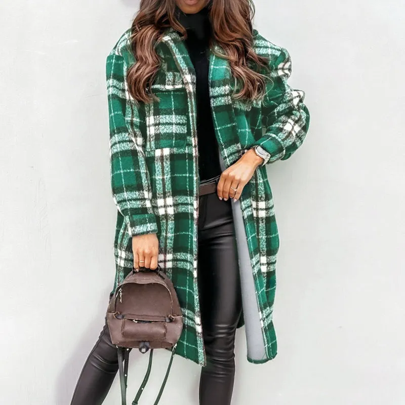 Women's Winter Mid Length Long Sleeved Plaid Printed Warm Coat