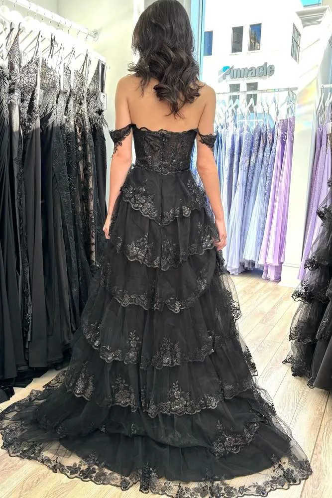 Yaiiua | Black Off the Shoulder Lace Appliques Tiered Prom Dress with Slit