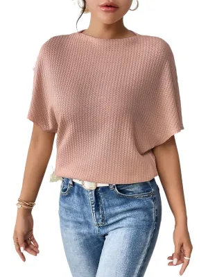 Zilcon Women's Fall Balloon Long Sleeve Shirts Round Neck Oversized Tunic Tops Casual Waffle Knit Shirts Tops (Medium, Dusty Pink)